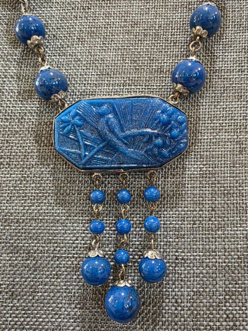 Vintage ART DECO Czech Blue Lapis Exotic Glass Bird Pendant Necklace 14" Bohemia - Picture 6 of 13